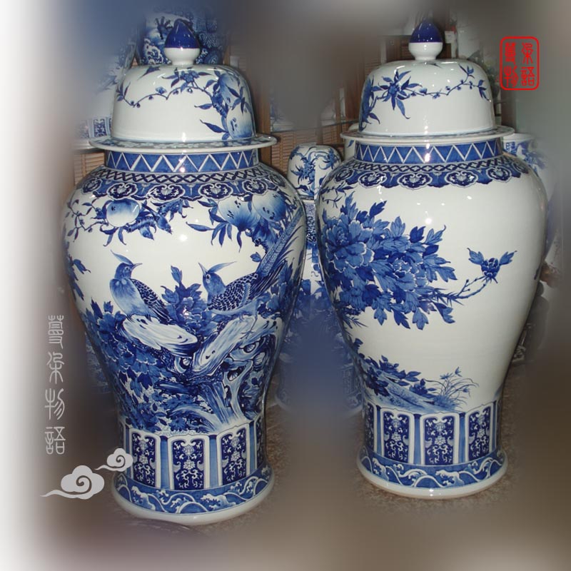 Jingdezhen blue and white peony hand - made of golden pheasant xiantao blue and white porcelain vase 110 high general hand - made tank