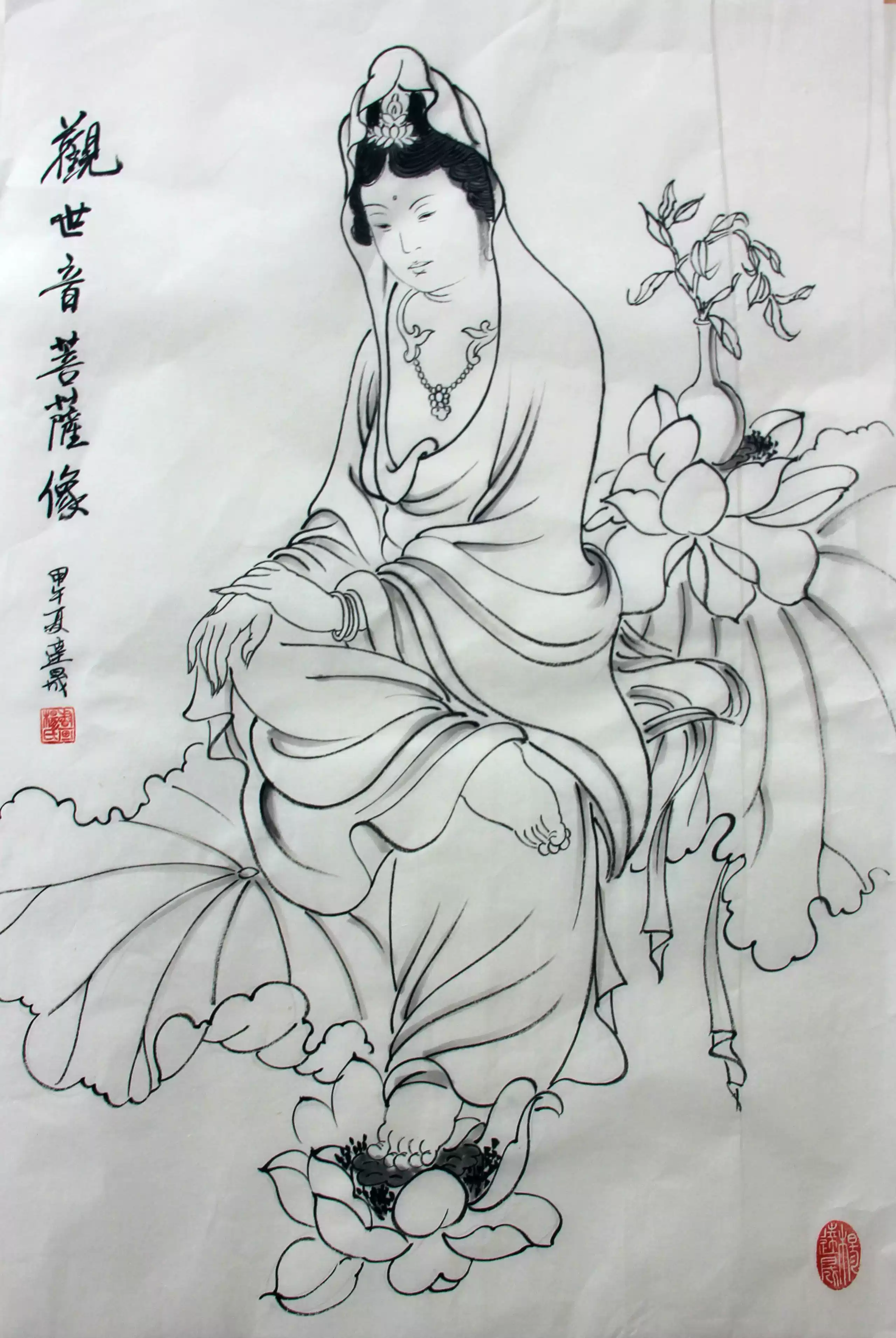 国画原稿观音菩萨像水墨写意人物画手绘国画观音图二尺斗方观音画