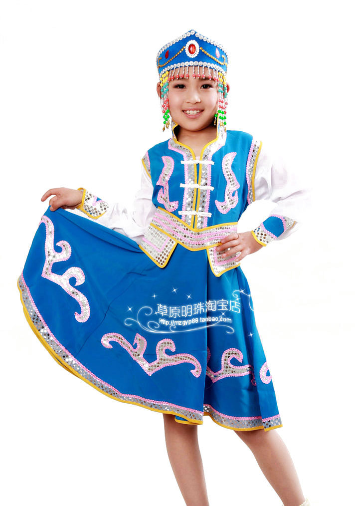 Children's Mongolian dance performance costume girl thin Mongolian robe yarn skirt Summer Mongolian costume performance costume