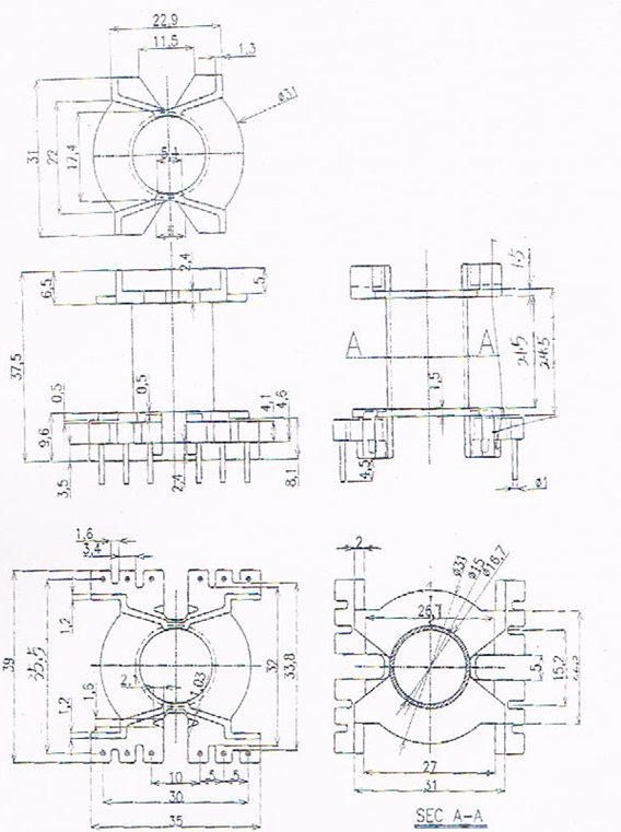 Power transformer PQ3535 bakelite skeleton vertical 6 6