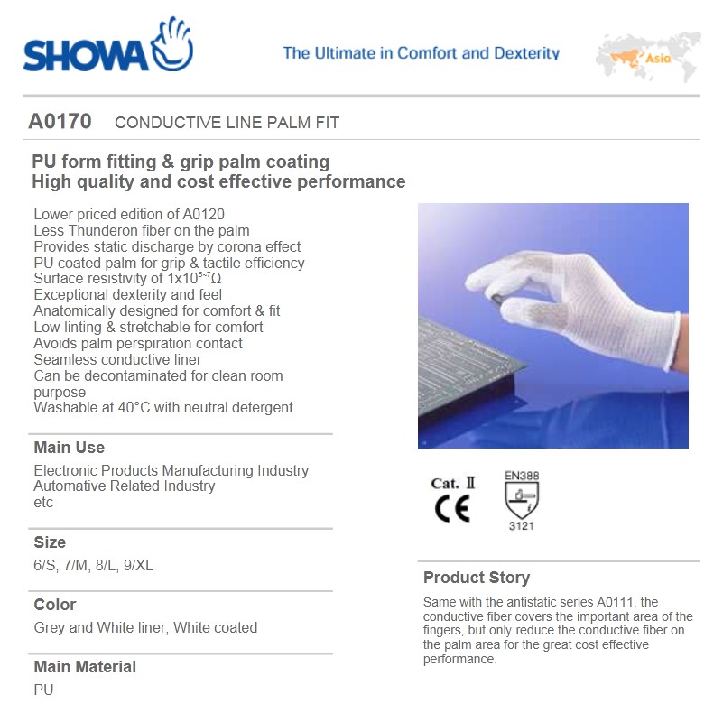 Japan SHOWA original anti-static PU palm coated gloves A0170 M code