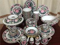 Liling Qunli old porcelain-hand-painted black background full of flowers 80 head tableware Brown Bottom