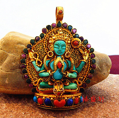 Nepal 925 silver - and - silver - thrilled turquoise bodhi - gau box amulet pendant