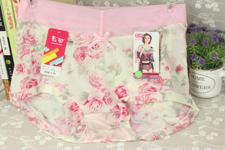 Man Caitian 30795 plus high waist large size silky flower ice silk cool fat ladies panties