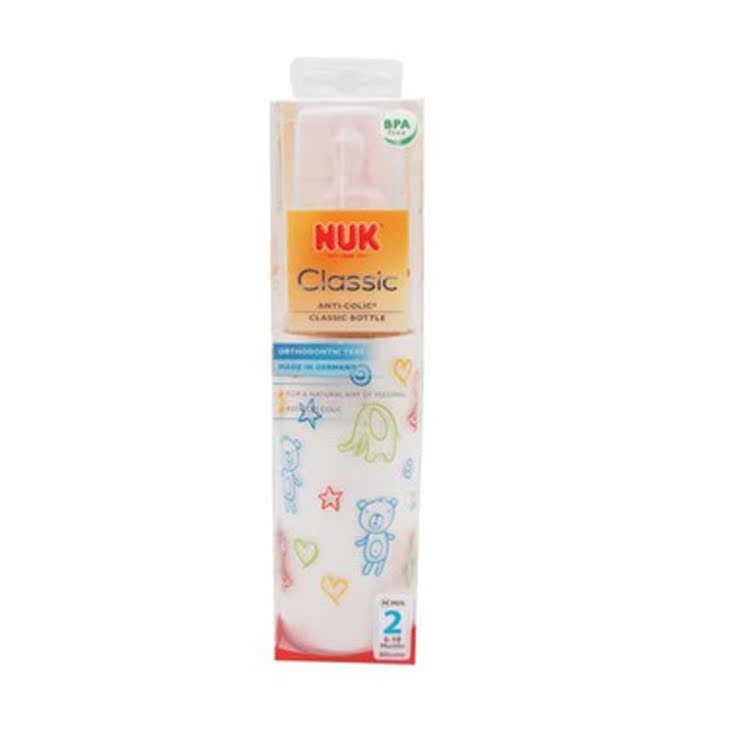 NUK 标准口PP奶瓶 彩色卡通奶瓶 （带硅胶2号中圆孔奶嘴）240ML
