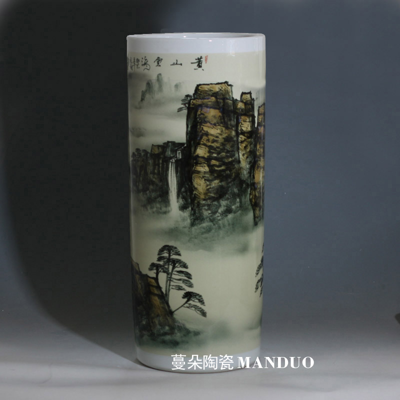 Jingdezhen hand - made yellow landscape glaze quiver straight quiver decorated vase vase huangshan smoke