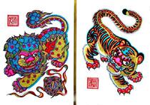 National Intangible Cultural Heritage Collection Gift National Gift Jiapin Wuqiang Woodcut New Year Picture Small One Lion and Tiger
