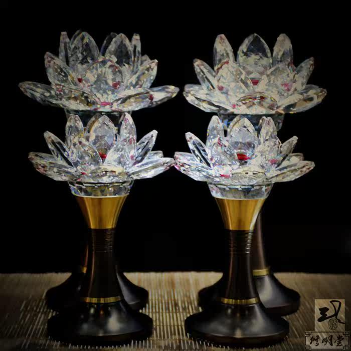 修明堂 佛具大黑天佛前供灯佛教台湾纯铜奥地利led水晶莲花灯一对