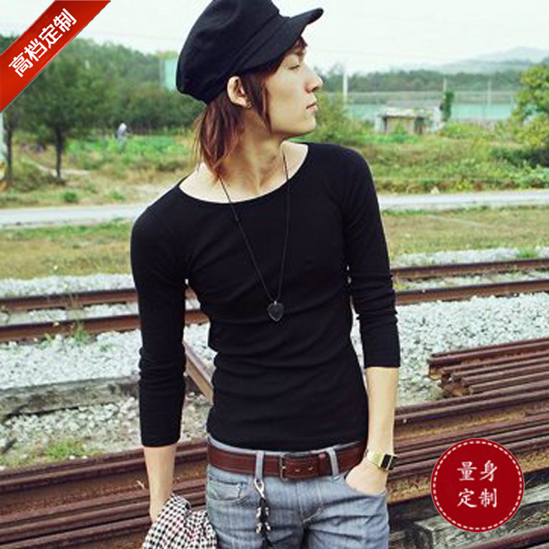 Spring new Korean version individuality men's T-shirt sexy big round collar long sleeves tight and bottom-jersey set to customize