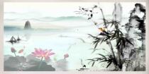 Chinese painting Landscape painting Ink painting Bamboo rhyme Lotus study Living room decorative painting Hanging painting 40x80-1