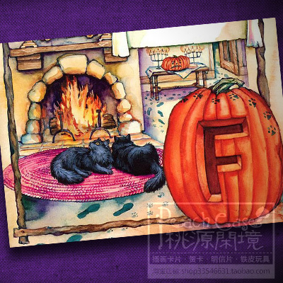 Letter F's Halloween Black Cat Pumpkin Ghost Fireplace Halloween Illustration PC Postcard