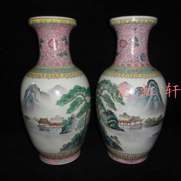 最安挑戦！ 景德镇文革瓷器厂货陶瓷/粉彩手绘红西边山水花篮瓶/花瓶/包老 工芸品
