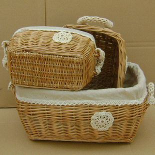 Japanese Zakka Cute Wicker Lace-Edged Cotton Linen Storage Basket, Organizer Basket, Magazine Basket, Miscellaneous Items Basket Without Lid