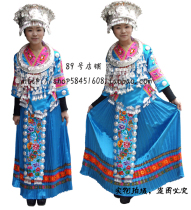 Miao and Dong costumes silver ornaments hats collars stage costumes womens blue ribbons