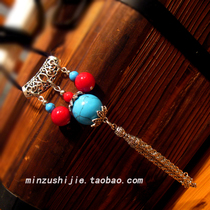  New Years birthday gift retro tibetan silver tassel turquoise leather rope long necklace Sweater chain womens jewelry 475