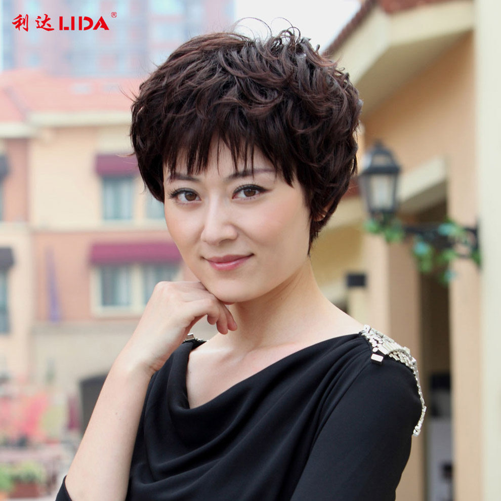 利达中老年假发短发女 蓬松短卷发 妈妈假发 女士真人发丝假发套