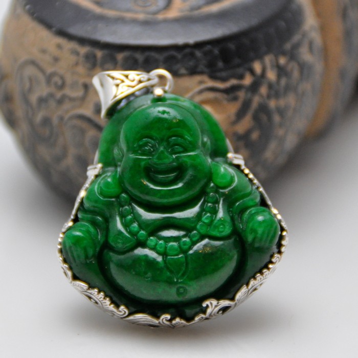 修明堂 缅甸干青翡翠S925银镶嵌 笑口弥勒佛 吊坠 天然翡翠项链