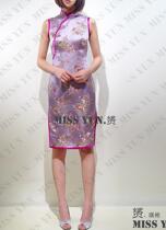 2019 Spring Autumn New Custom Purple Peony Retro Kyoites Handmade Wide Side Chinese Fashion Improved Short Qipao Dress