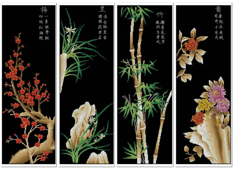 Hu Lili Cross Stitch French DMC Kit Black - Plum, Orchid, Bamboo and Chrysanthemum Full set with 3D 5D precision printing