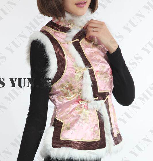 Pink Peony Brocade Fleece Vest Padded Jacket Winter Cheongsam Ladies Checkered Wide-brimmed Cheongsam Vest