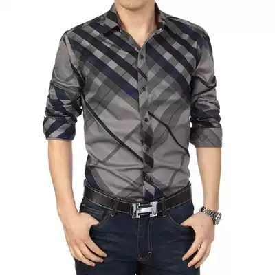 Spring men's long-sleeved shirt Men's Korean slim slim iron button plaid striped shirt Casual top bottoming shirt
