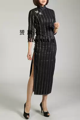 Spring and autumn new black hair linen vertical stripe fine flower elegant retro thin 7-point sleeve length cheongsam skirt custom