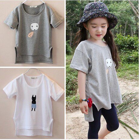 Korean version of summer dress new girl clothes baby cute cartoon loose short sleeve T-shirt for children full cotton long version T-shirt