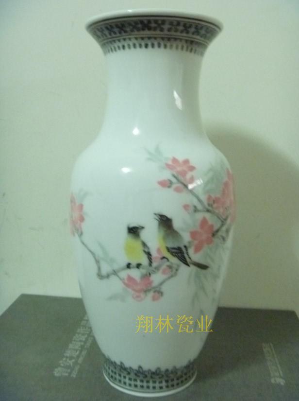 【醴陵群力製 釉下五彩 春花瓶】中国　1981年？ 醴陵群力老瓷器--釉下彩25cm花瓶，蓝色双凤底款，90年代生产-淘宝