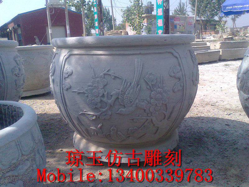 Stone Carving Flower Pot Round Fish Tank Bluestone Stone Carving White Marble Stone Carving Garden Decoration Stone Carving Ornament 113