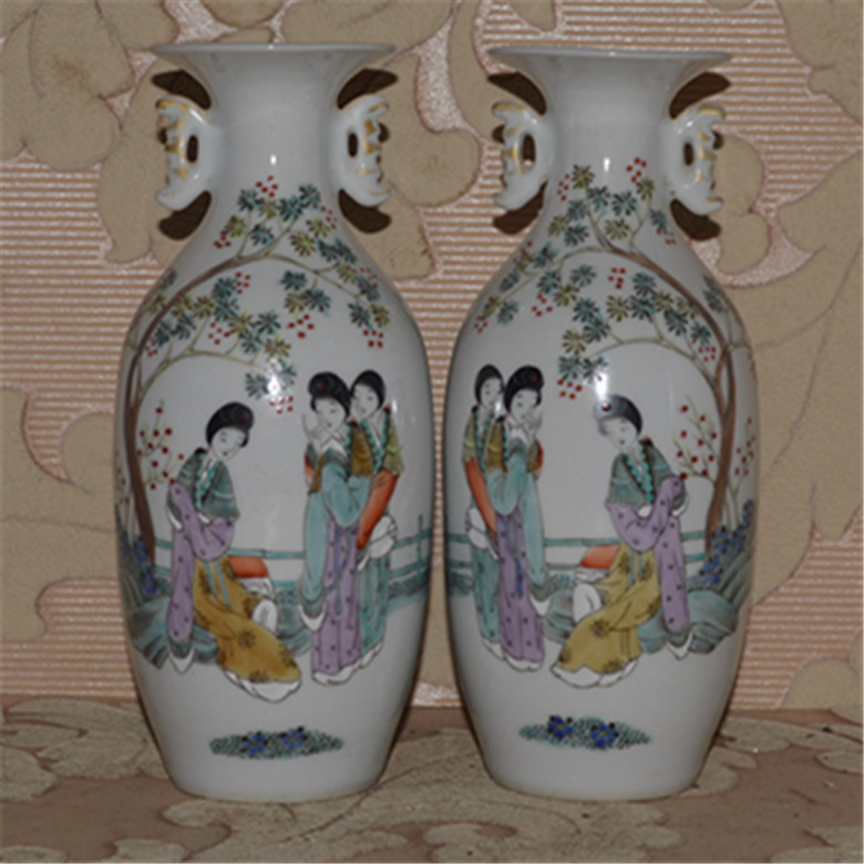 Republic Of China Pink waitresses Twin Ear Bottle Pair Antique Ancient Play Full Hand Hand-painted Antique Porcelain Collection Pendulum