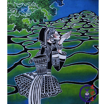 Winding Mountain Roads, Miao Ethnic Group's Pure Handmade Wax-Dyed Fabric Art, Framed Painting, Wall Painting, Guizhou Specialty, 40X45Cm