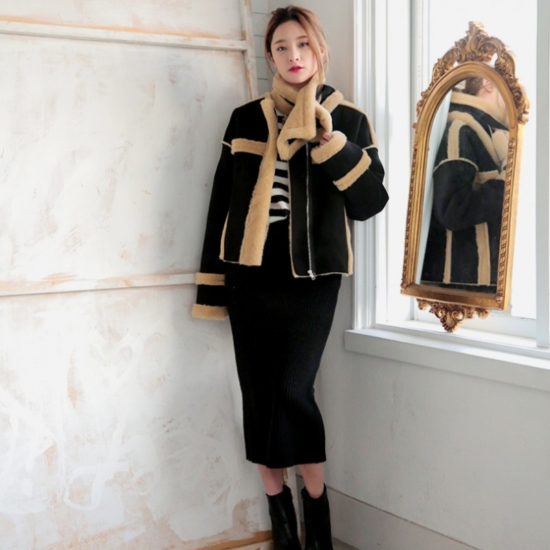 韩国stylenanda官方正品 配色仿毛皮圆领夹克围脖套装-黑色+米色