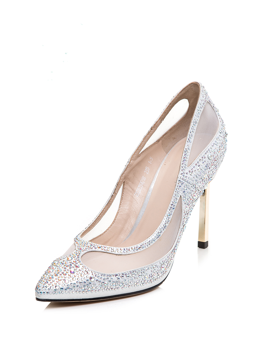 TRANOI 银色晶钻饰网纱拼接尖头高跟鞋
