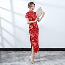 Special new red bride toast long flag etiquette clothing welcome short sleeve slim cheongsam brocade annual meeting