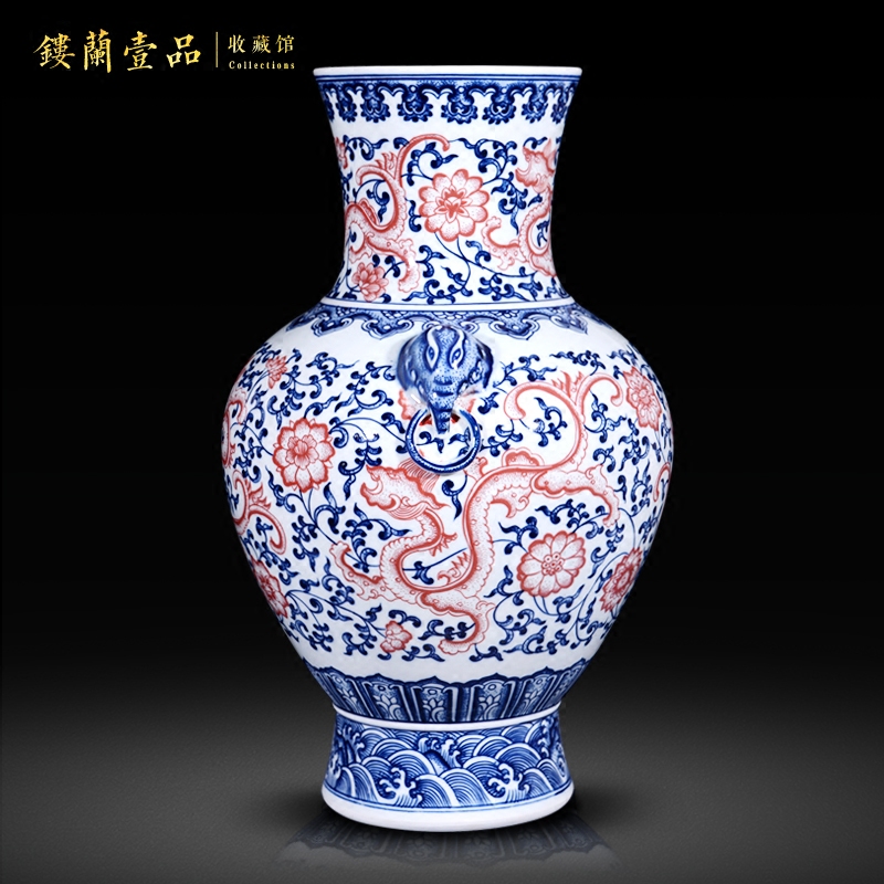 Jingdezhen blue and white dragon ceramics imitation the qing qianlong ears big vase Chinese style living room home furnishing articles