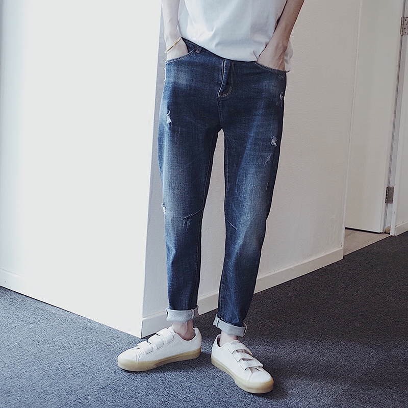 dannyandzee 2017A/W 秋冬复古深蓝色磨破做旧显瘦小脚牛仔裤 男