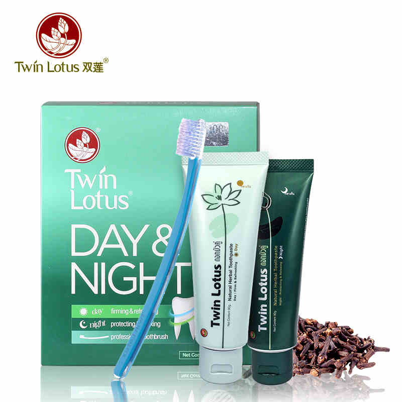 泰国进口双莲牙膏早晚牙膏2支装 90g*2 送牙刷天然植物呵护牙龈