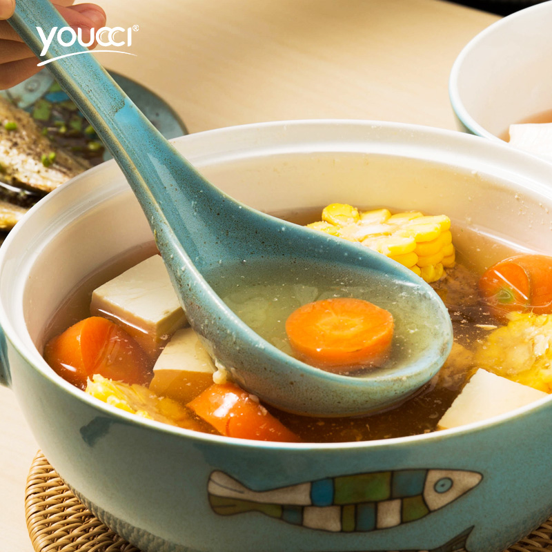 Youcci porcelain ceramic spoon big spoon, household hotel leisurely long handle large porcelain spoon porridge spoon