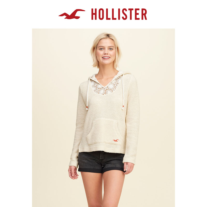 Hollister 2016春装新款巴哈蕾丝镶片帽衫卫衣 女 115442