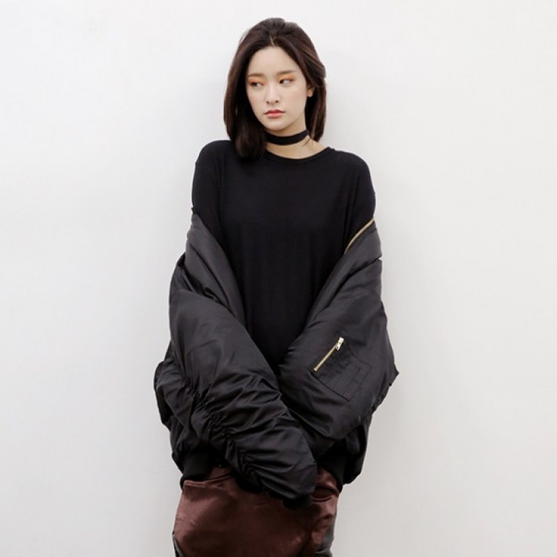 韩国stylenanda官方正品 基本款纯色圆领宽松中长版T恤-黑色