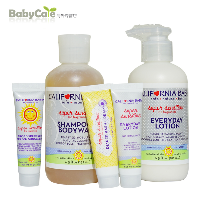 美国加州宝宝California Baby超级防敏沐浴露乳液面霜防晒5件套装