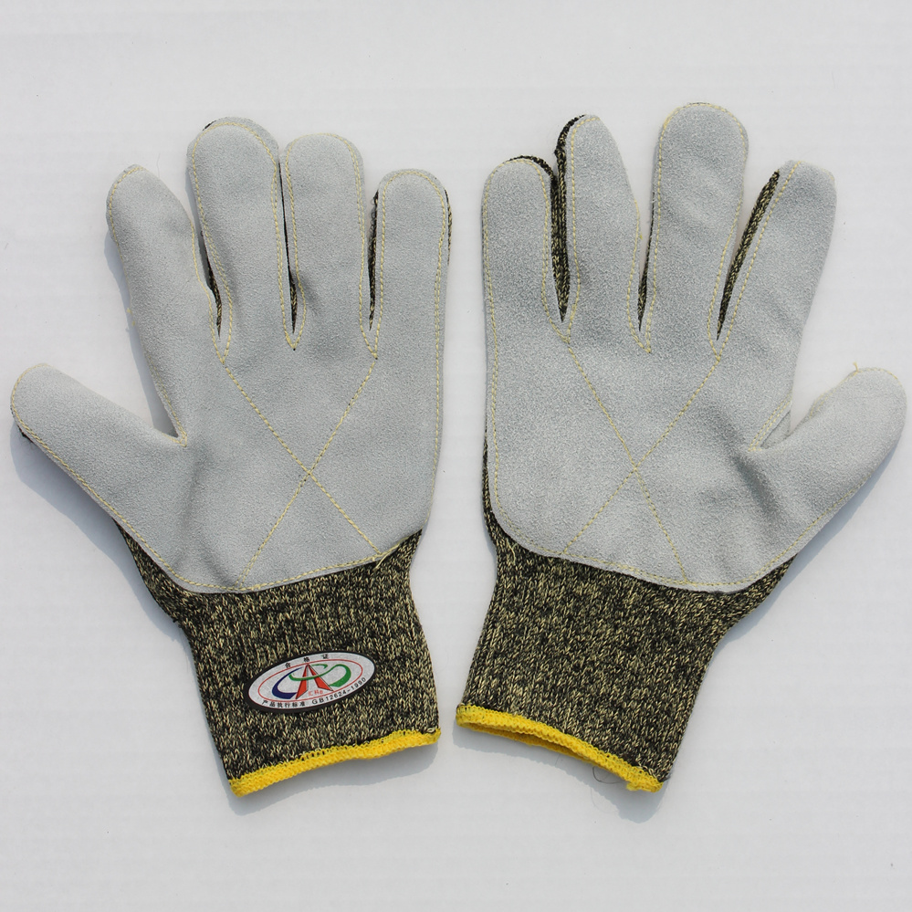 Stick leather bag steel wire palm sewn leather gloves real cow leather anti-puncture anti-cut gloves wear resistant anti-slip Kevlar aramid