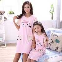 Pyjamas cô gái nightdress cotton ngắn tay mùa hè mẹ và con gái cha mẹ và con mặc trẻ em mùa hè trẻ em lớn trẻ em nhà dịch vụ mùa xuân đồ bộ thể thao nam