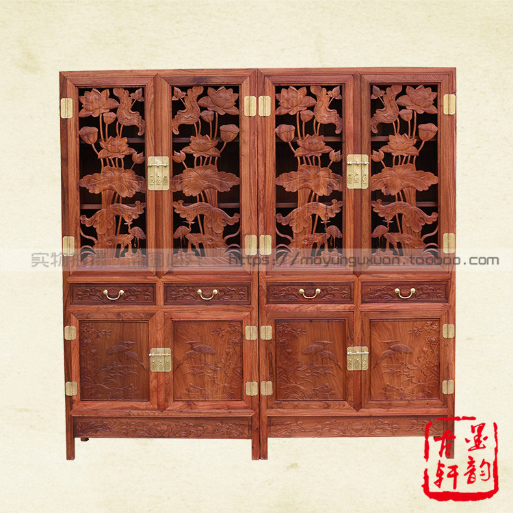 Burmese rosewood carved Ming-style bookcase Big fruit red sandalwood lotus bookcase Bookshelf Mahogany bookcase Storage cabinet