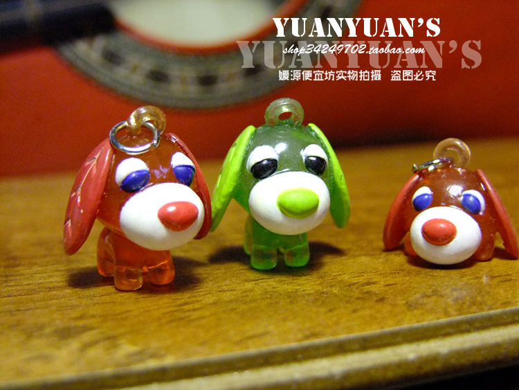 Japan out of print old goods bulk transparent candy color red green tea dog mobile phone lanyard keychain small pendant 3 styles