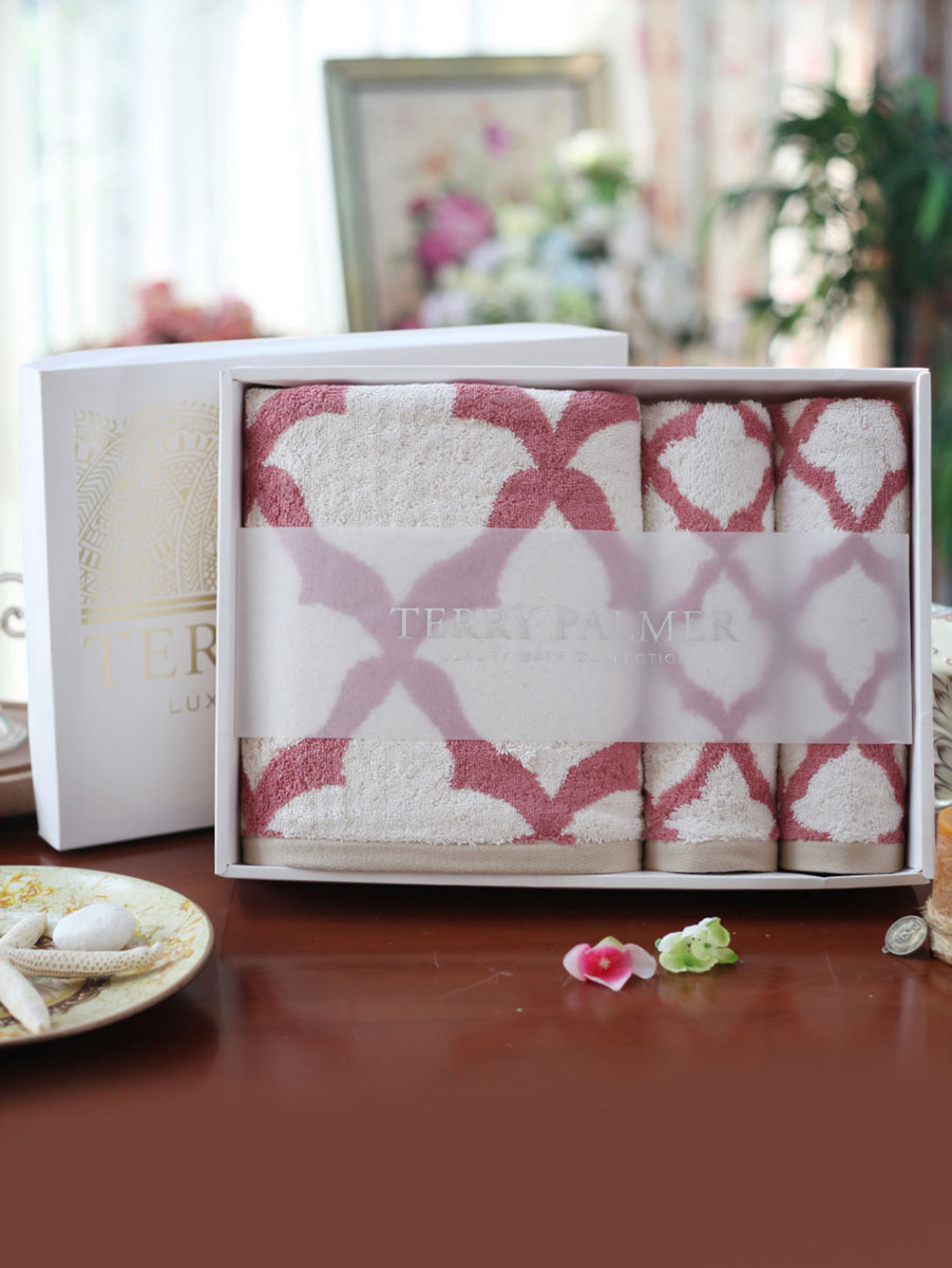 terry palmer|红色几何纹埃及棉毛巾3件套（1浴+2面）
