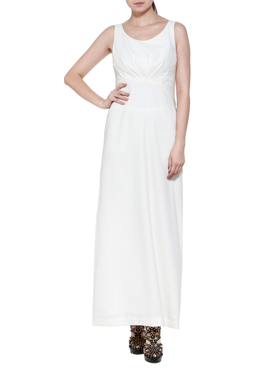 THEOPHILE 白色高腰褶裥饰水钻连衣裙