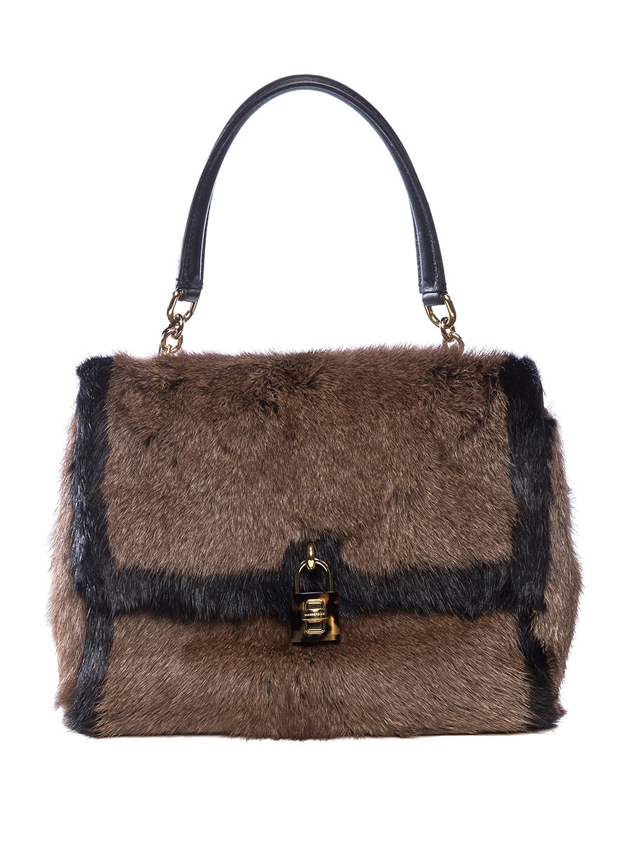Dolce&Gabbana 黑褐拼色皮毛拼接旋扣手提包