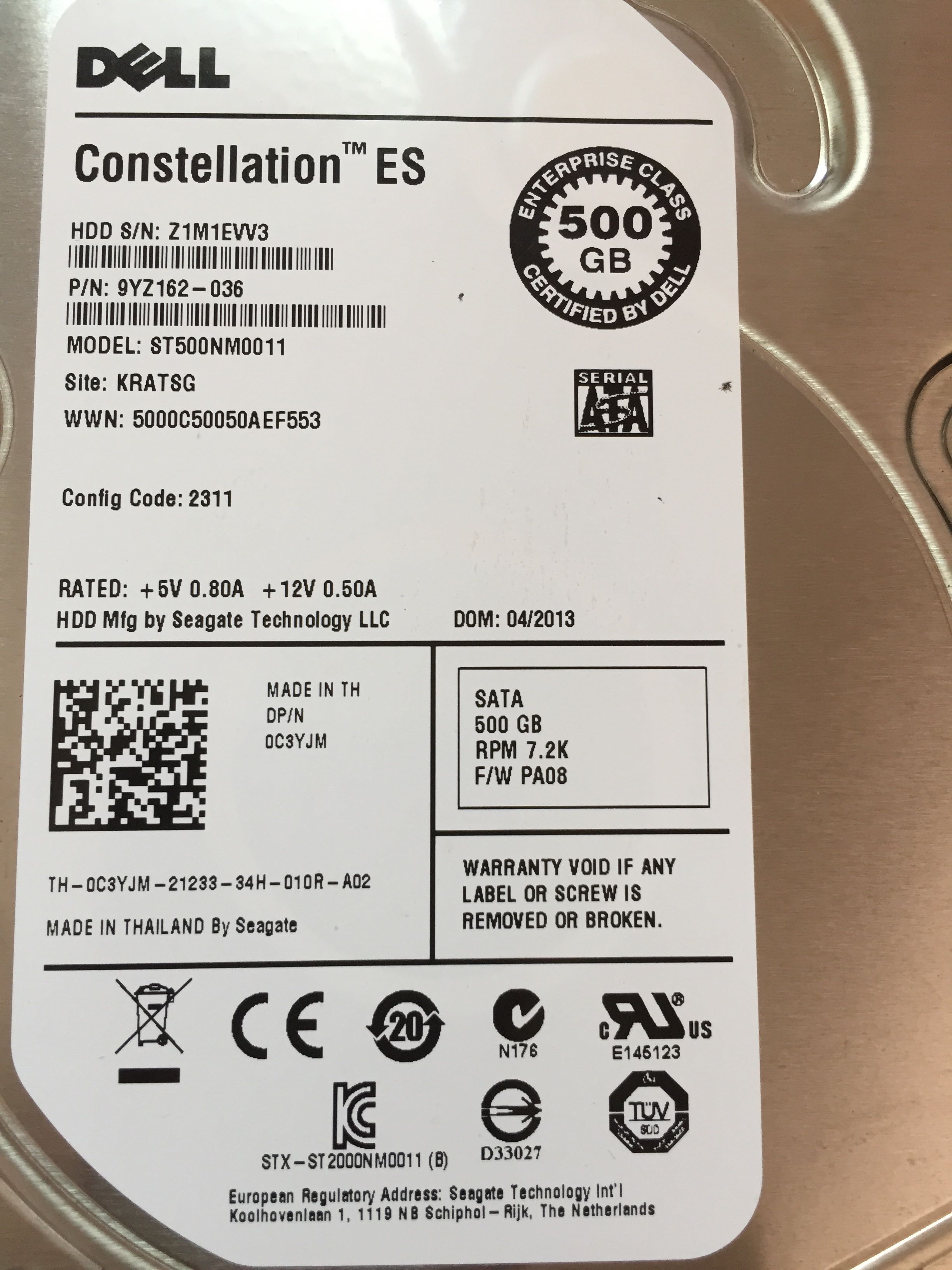 Original Dell Dell 500GB SATA ST500NM0011 0C3YJM 7 2K server hard drive