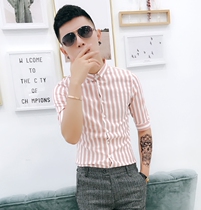 Summer new shirt mens short sleeve slim thin Korean fashion trend casual handsome 5-point sleeve striped shirt